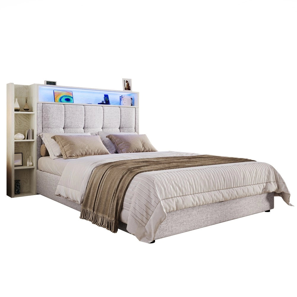 Letto Imbottito con LED e Contenitore ¨C MINIMAL ¨C Tessuto Beige 90x200