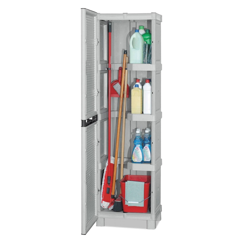 Armadio portascope da esterno o Achae, Mobile a 1 anta e 3 ripiani in polipropilene, 100% Made in Italy, cm 50x39h172, colore Grigio chiaro