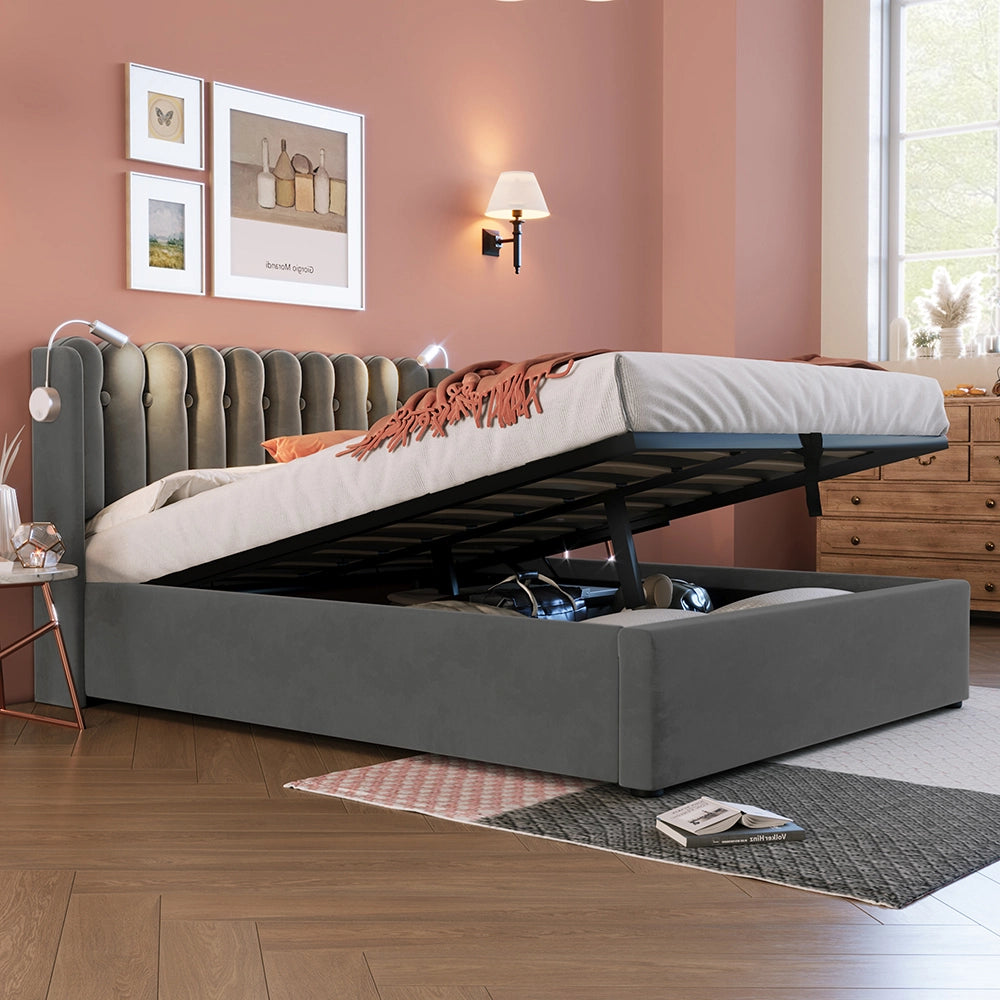 Letto a cassone imbottito - Xylo - 160x200 cm - Grigio - Caricamento e due luci da lettura