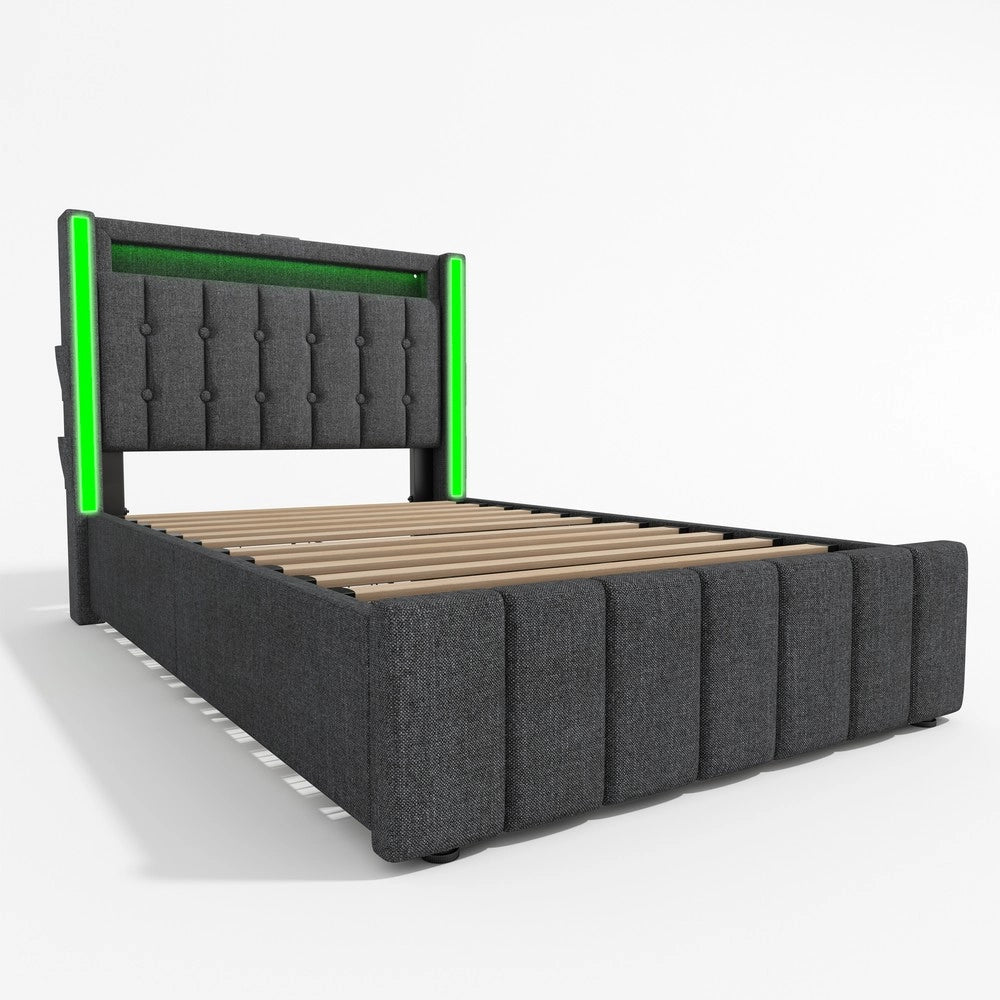 Letto Imbottito con LED, USB e 2 Cassetti ¨C MINIMAL ¨C Grigio 90x200 Singolo