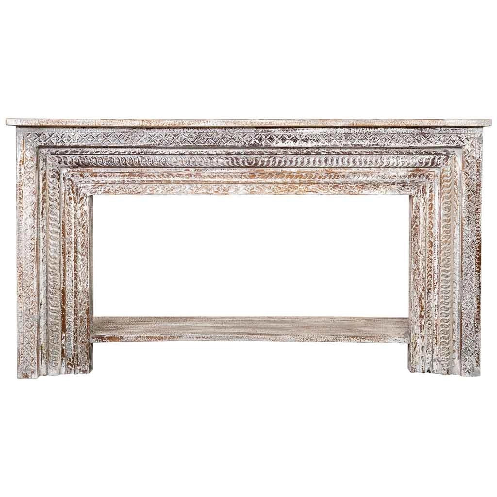 Mobile da ingresso in legno intagliato con finitura marrone invecchiato fatto a mano 160x39x86