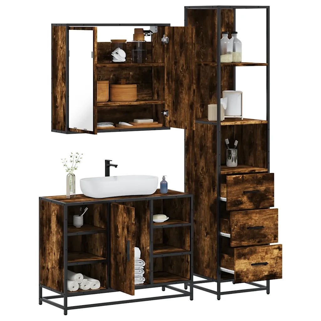 Set Mobili da Bagno | Armadio da bagno 3 pz Rovere Fumo in Legno Multistrato