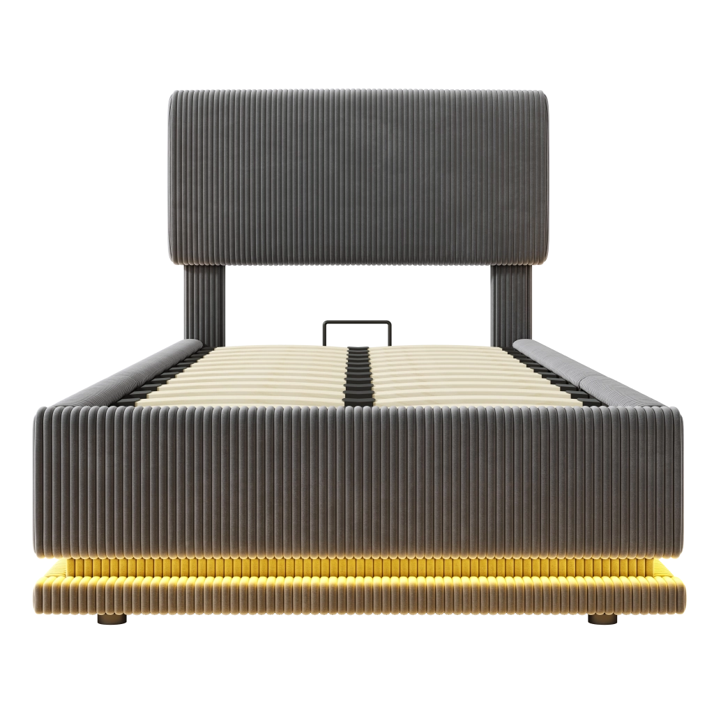 Letto imbottito 90x200 cm in tessuto corduroy con testiera regolabile, LED, USB-C e contenitore