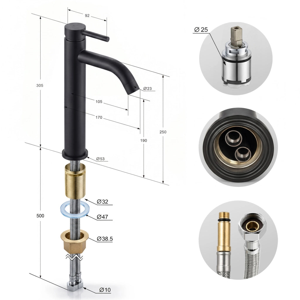 Rubinetto lavabo alto da appoggio miscelatore bagno nero VERTI