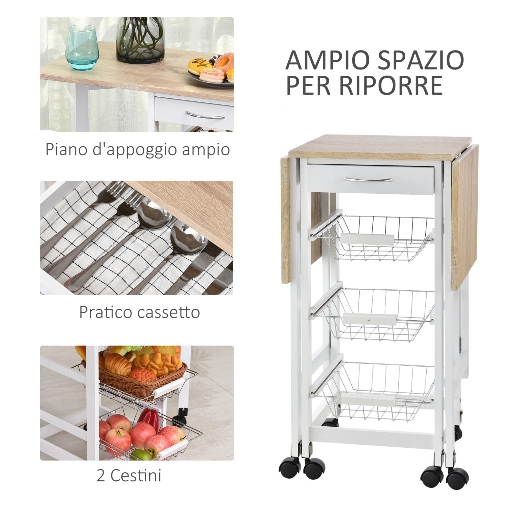 Carrello Portavivande Pieghevole per Cucina ¨C zephmum ¨C Bianco e Legno, 37x37x77.5 cm