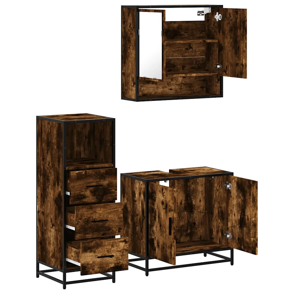 Set Mobili da Bagno 3 pz Rovere Fumo in Legno Multistrato 3301037
