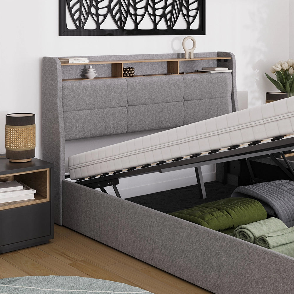 Vitalispa Letto imbottito Grigio/quercia 160x200 con LED e porta USB