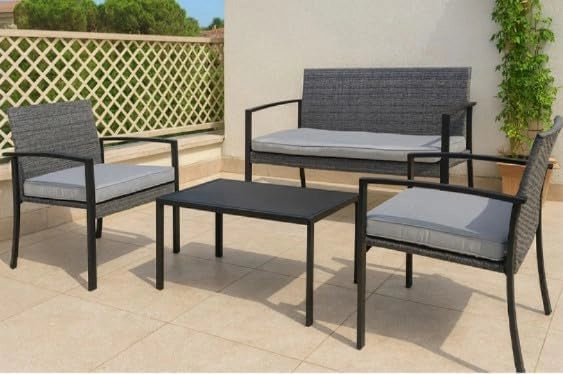 Salotto da Giardino 4 Pezzi in Antracite con Cuscini Imbottiti 5 cm  Set Tavolino, Divanetto e 2 Poltrone per Esterno