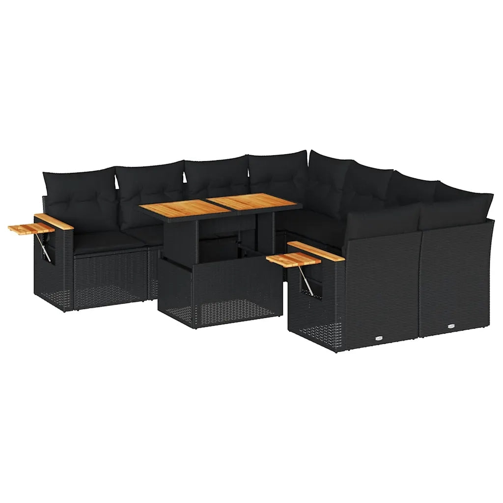 Set Divani da Giardino 9 pz con Cuscini Nero Polyrattan Acacia 3327576