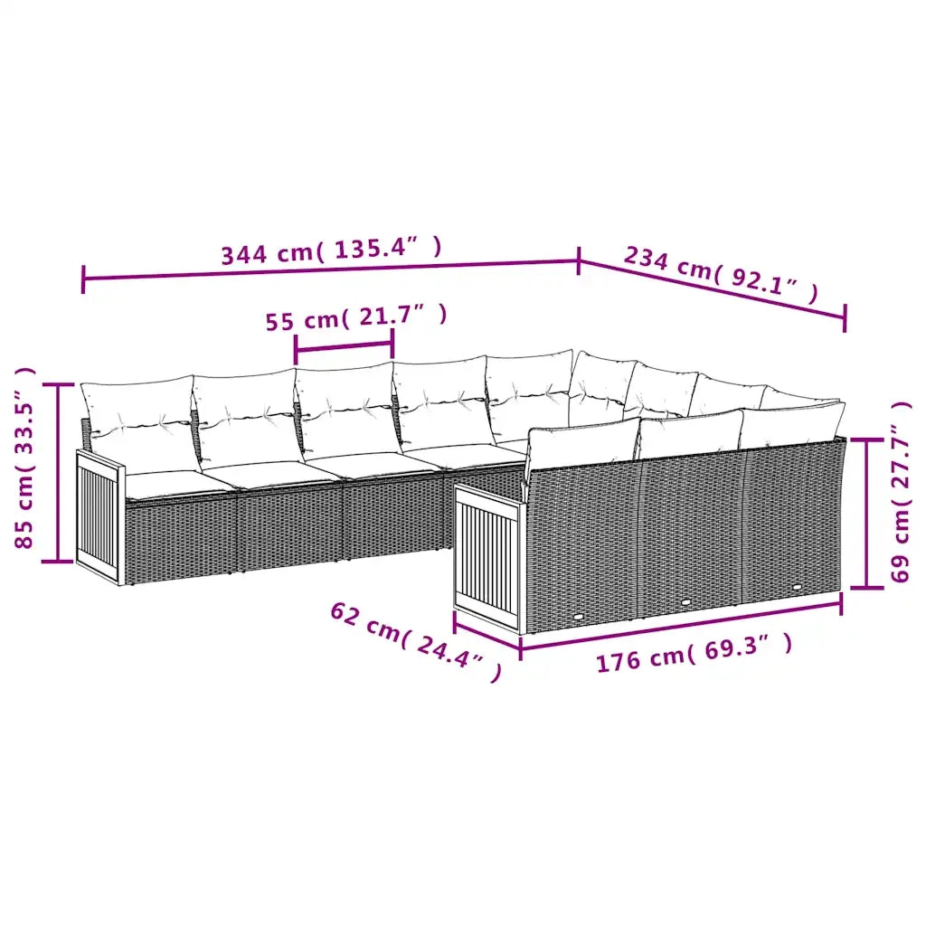 Set Divani da Giardino 10 pz con Cuscini Nero in Polyrattan 3228017