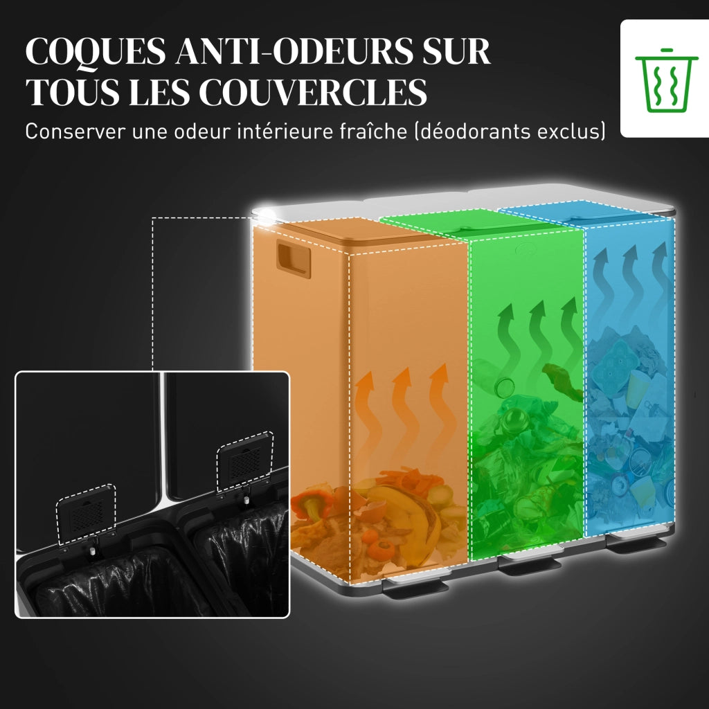 Cestino per la Raccolta Differenziata da Cucina ¨C Minimal ¨C 3 Compartimenti 15L, Interno Estraibile, Argento, 61.9x36.6x43.2 cm