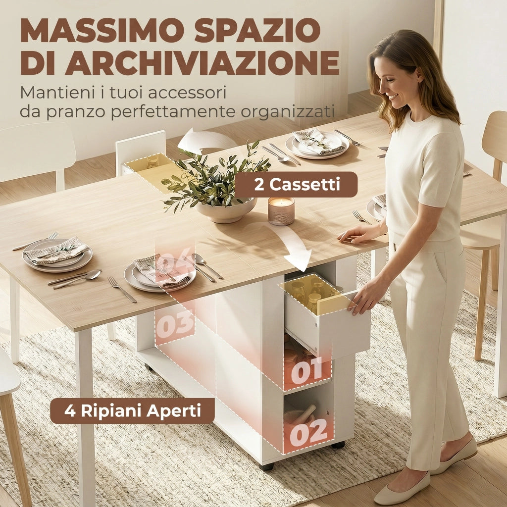 Tavolo Pieghevole per 6 Persone con 2 Cassetti e 4 Ripiani.