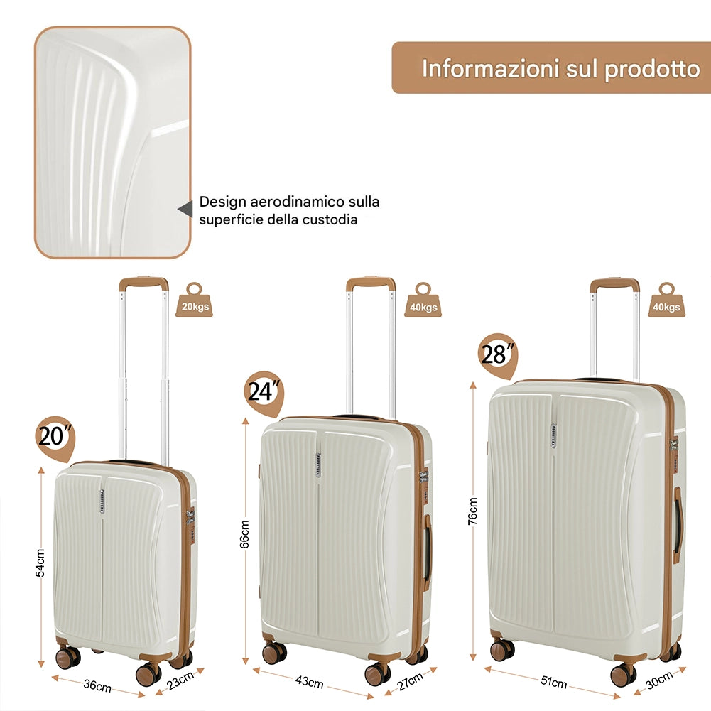 Set 3 Valigie Rigide ABS 90 59 38 Litri con Ruote Easy Roll e Lucchetto Bianco