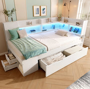 Divano letto 90x200 cm bianco con LED; USB e Type-C; ripiani e cassetti in legno
