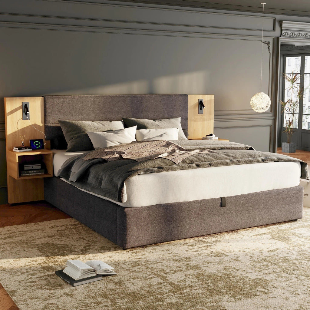 letto imbottito velluto grigio e naturale 160 x 200 cm