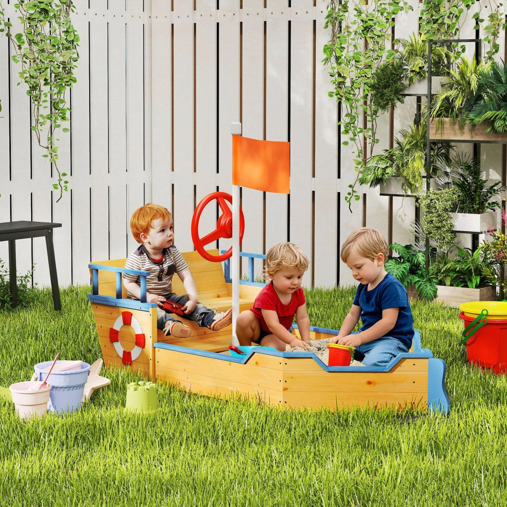 Arenero per Bambini in Legno con Bandiera e Timone ¨C zephmum ¨C Naturale 158x78x45,5 cm