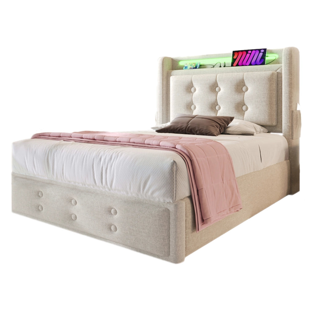Letto imbottito 90x200 con testiera LED, prese USB e contenitore
