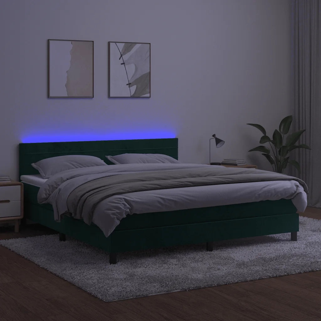 Letto a Molle con Materasso e LED Verde Scuro 160x200cm Velluto 3134474