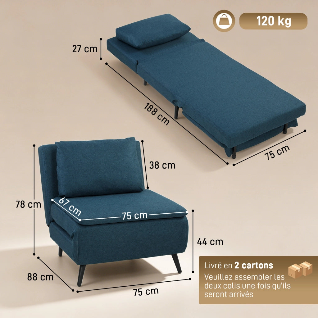 Divano Letto 1 Posto ¨C Minimal ¨C Blu, Tessuto, Dossier Regolabile