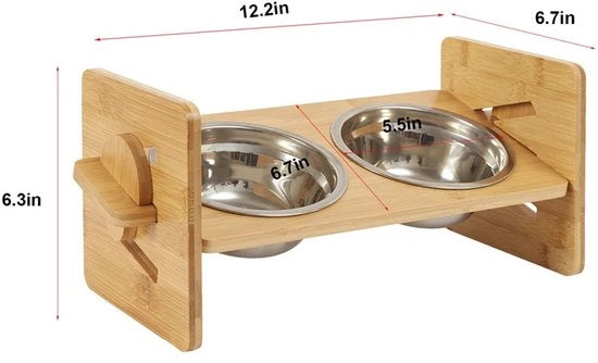 Ciotola per cani e gatti - Compartimento per cani regolabile in altezza 4 pollici - Ciotola per cani in bambù - 2 ciotole in acciaio inossidabile.