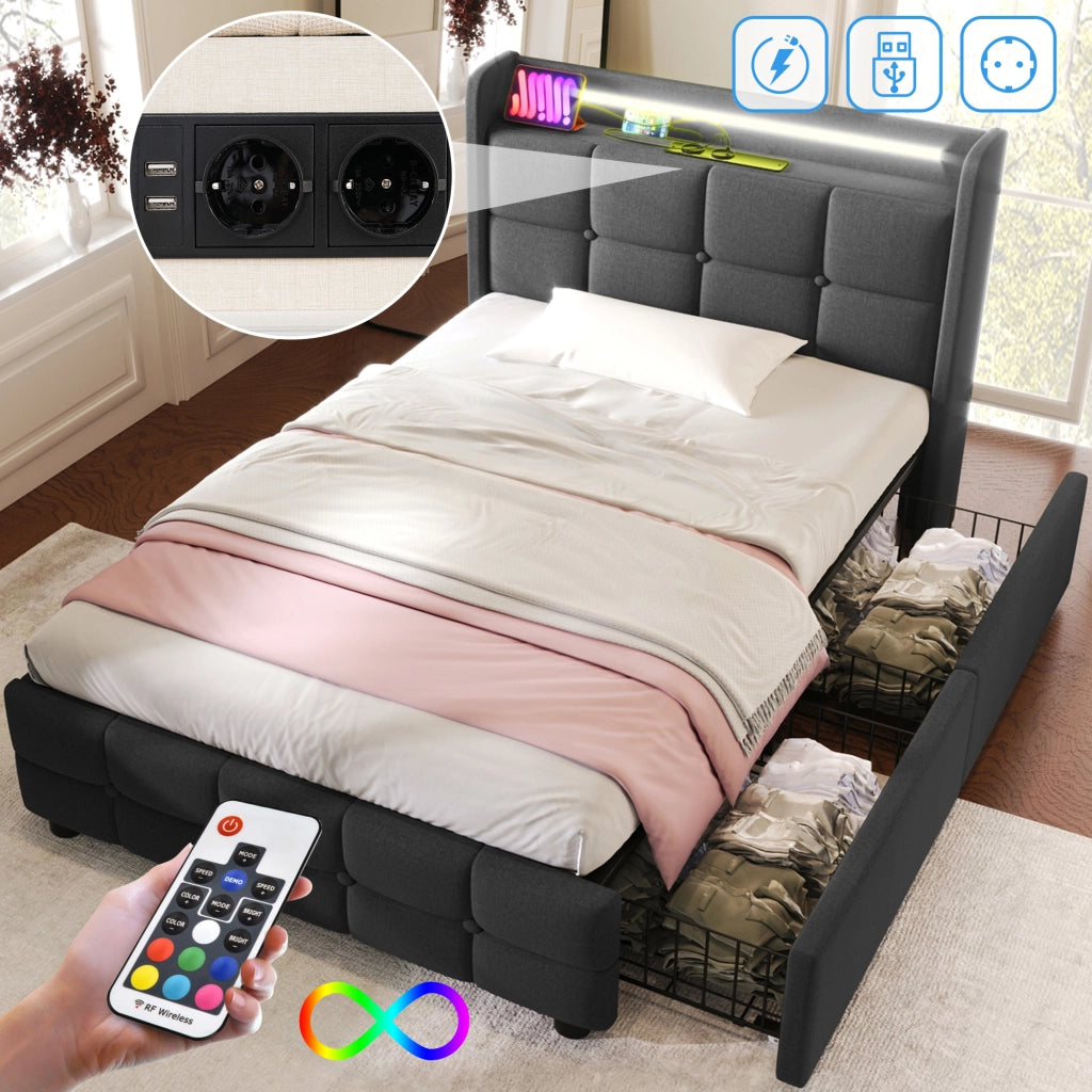 LETTO Singolo 90x200 cm Grigio con USB, LED e 2 Cassetti