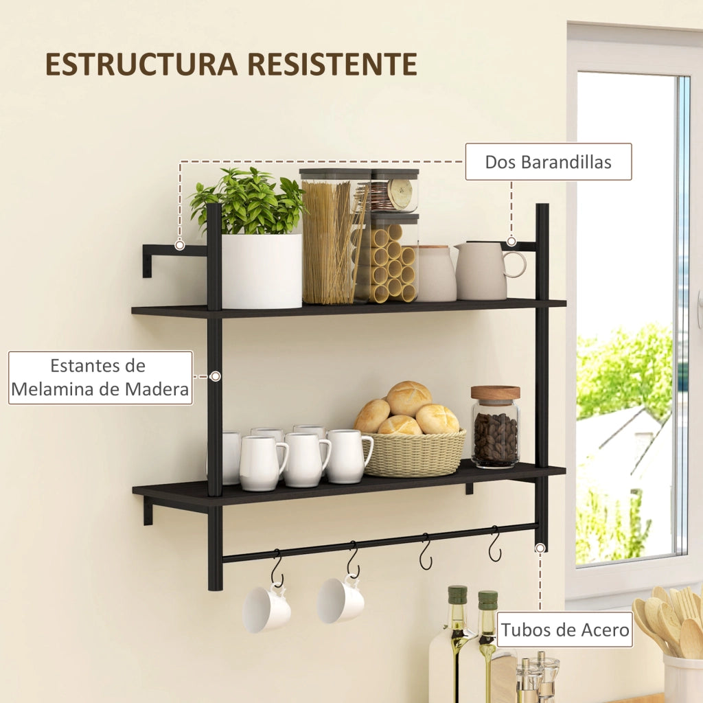 Scaffale a Parete 2 Livelli con 4 Ganci ¨C Minimal ¨C 80x24x65 cm Nero