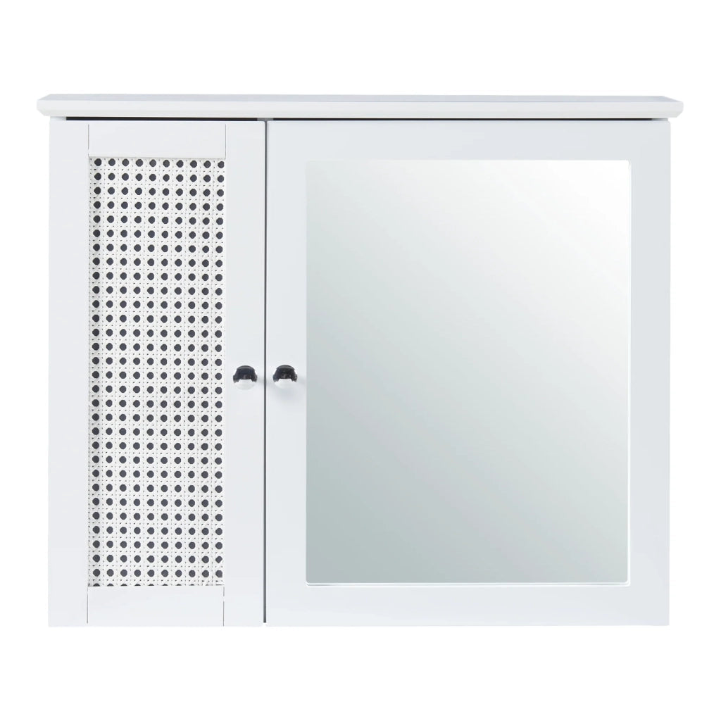 Mobiletto/scaffale da parete per bagno 50 x 60 x 15 cm con specchio MDF PVC effetto rattan bianco 03_0008893
