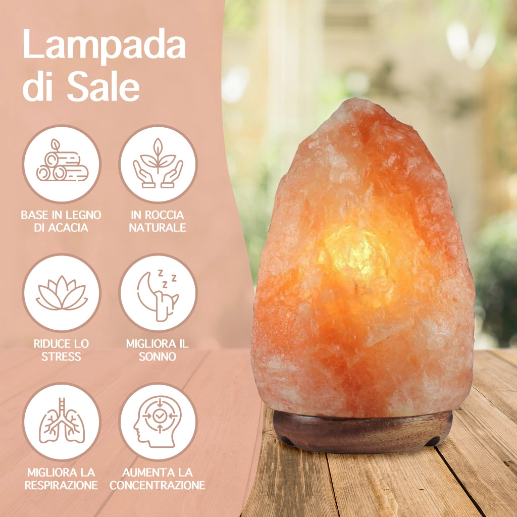 Lampada Di Sale Himalayano Originale Naturale Realizzata A Mano Con Base In Legno Di Acacia Pezzo Unico Prodotto Certificato  Con Spina Europea  - 17x24.5Cm-7Kg