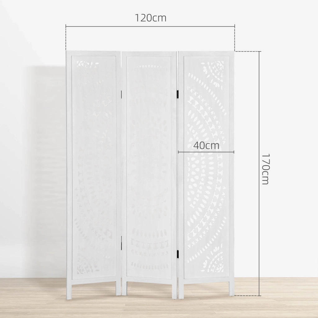 Paravento 3 Pannelli 120x170cm in Legno Intagliato Bianco