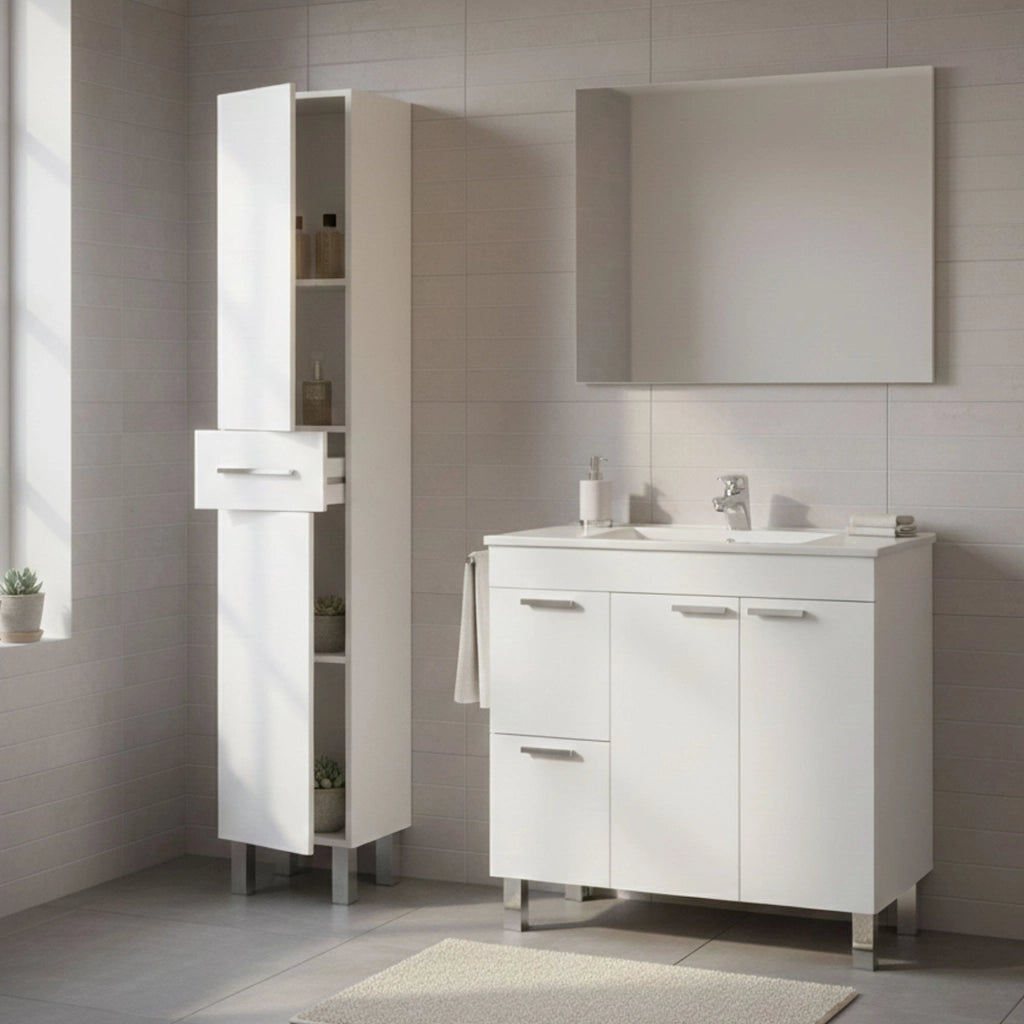 Lomello, set Mobili Bagno Specchio Incluso, Bianco Lucido