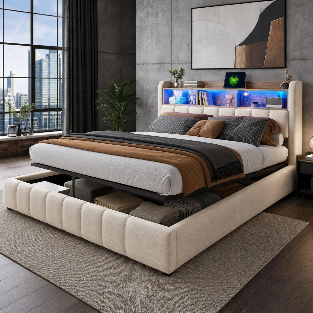 LETTO Imbottito 180x200 cm Beige con LED, USB e contenitore