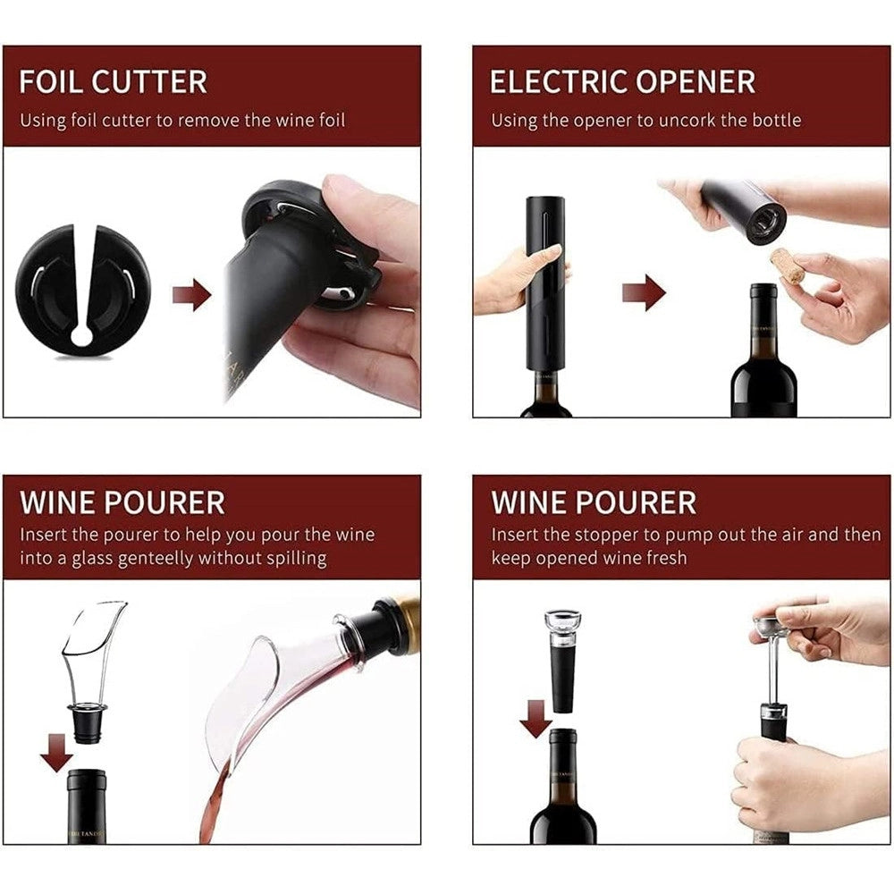 Trade Shop - Cavatappi Elettrico Vino Set Apribottiglie 5in1 Ricarica Usb Tagliapasta Tappo Versatore -