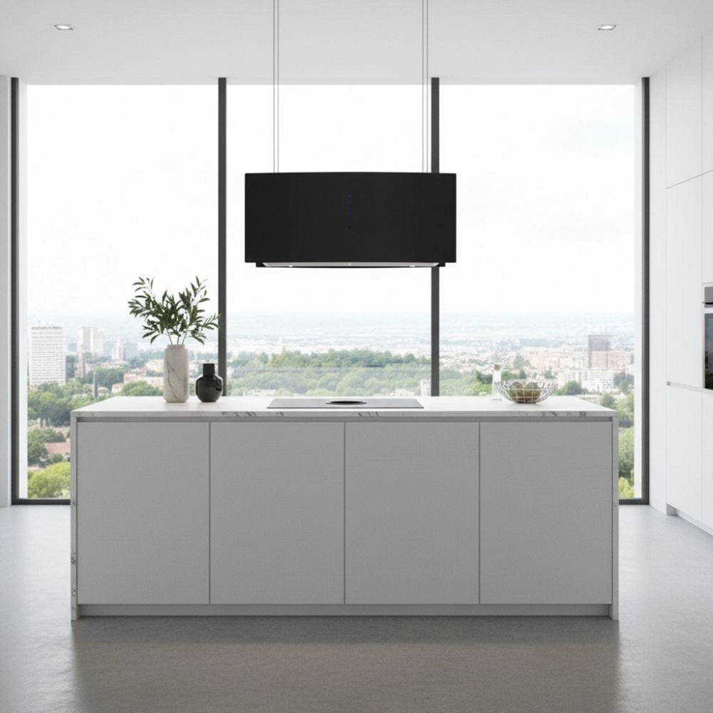 Cappa Samet a isola MCIB101 90 cm. con pannelli in vetro curvi colore nero