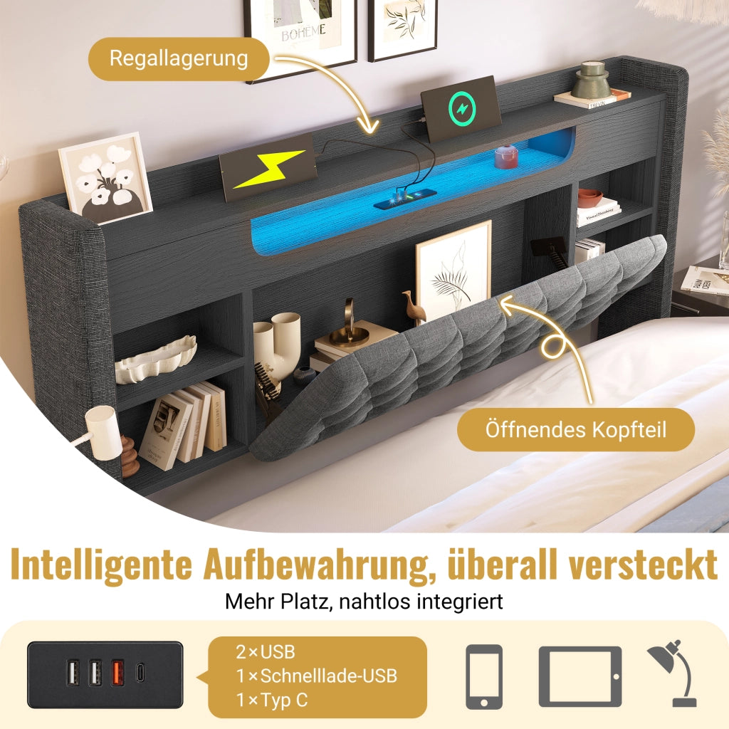LETTO imbottito 140x200 cm in lino grigio con LED, USB e porta USB-C
