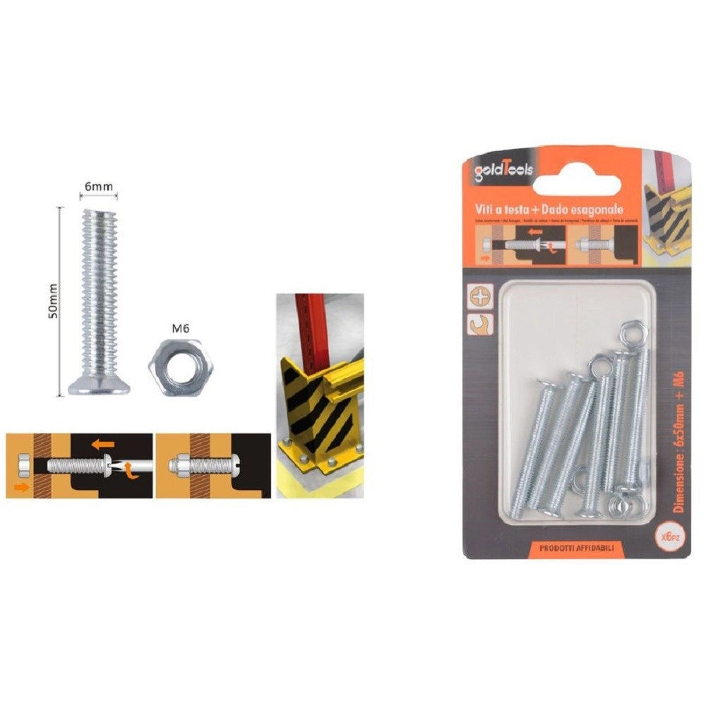 Trade Shop - Set 6 Pezzi Viti Vite Testa A Croce Piatta 6 X 50 Mm Con Dado Esagonale M6 90946 -