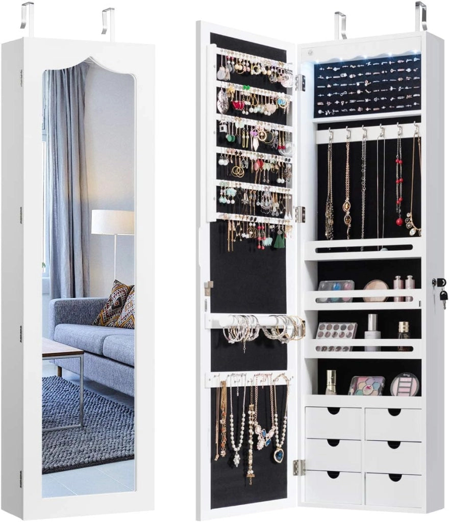 Armadio portagioielli con 5 Luci LED, Porta che Si Chiude, Armadio Portagioielli Montato a Muro con Specchio e 6 Cassetti, Organizer Gioielli con Tanto Spazio per Ragazze (Bianco)
