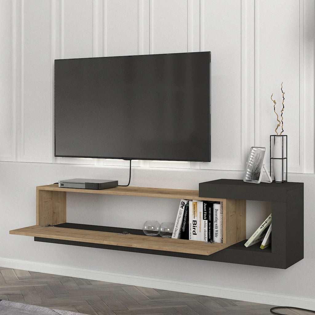 Mobile TV Sospeso 150 x 29,5 x 38,5 cm Mobile Porta TV a Parete Supporto TV a Muro con Anta a Ribalta e Scomparto Laterale Aperto - Effetto Rovere / Antracite [en.casa]