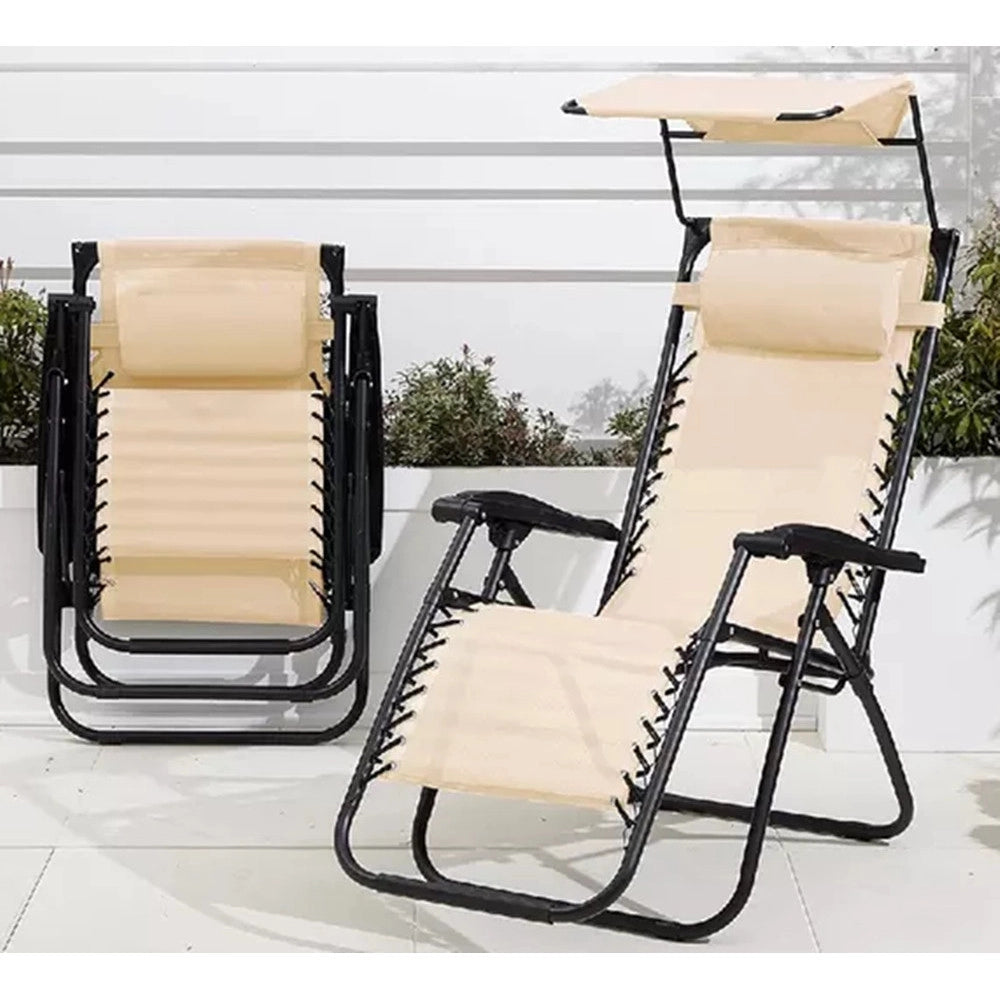 Trade Shop - Sedia Sdraio Con Parasole In Textilene Reclinabile Pieghevole Con Poggiatesta 483015 - Beige