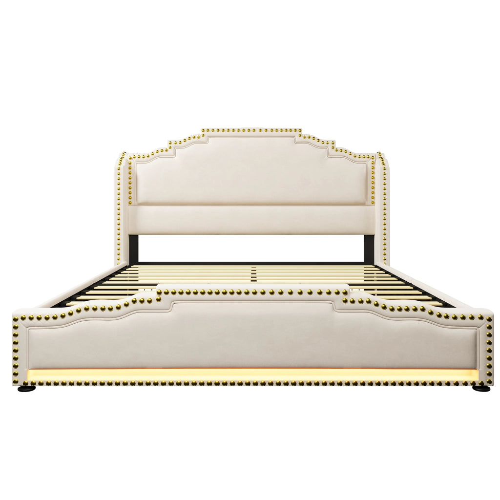 Letto imbottito 140x200 - Zephmum - 4 cassetti, LED, USB-C, velluto, beige