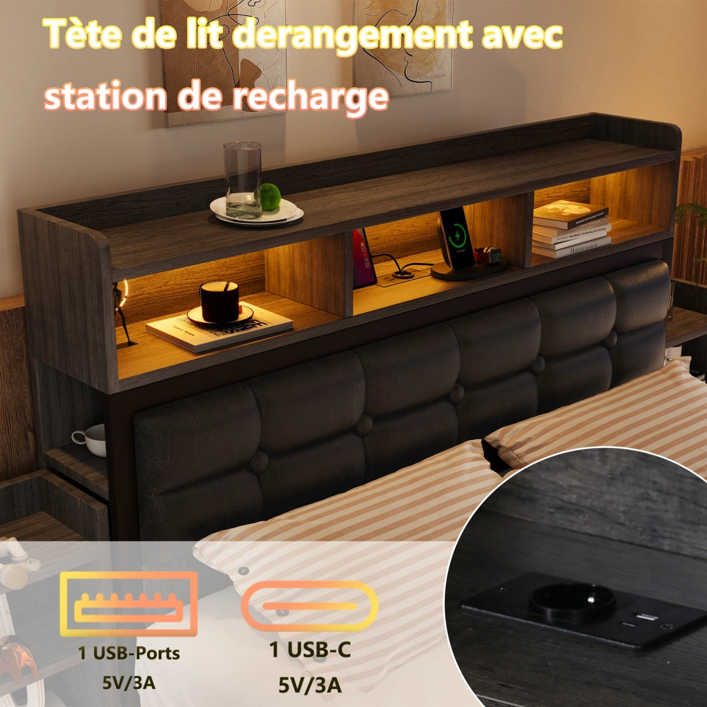 Letto matrimoniale 140x190 grigio con doghe 2 comodini estraibili USB/Type-C LED