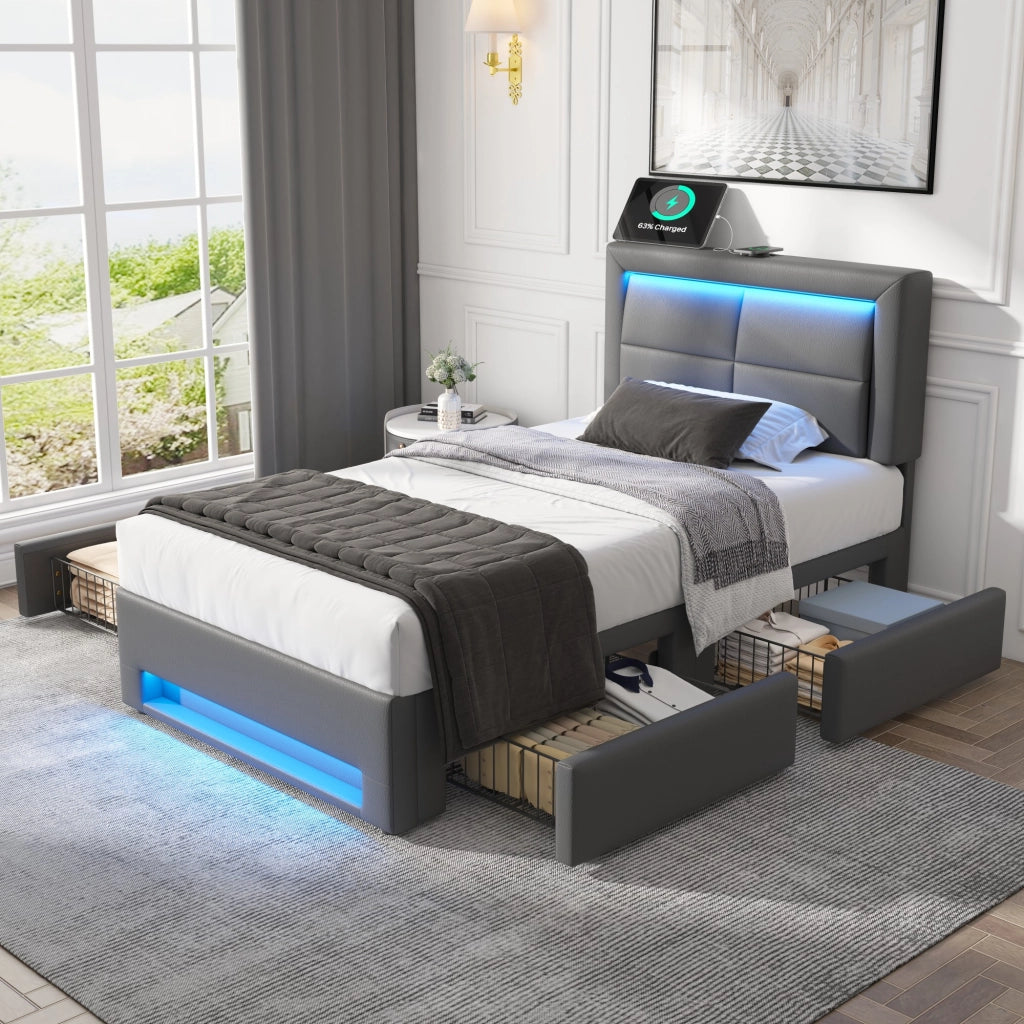 LETTO Imbottito 90x190 cm PU Grigio con USB, LED e 4 cassetti