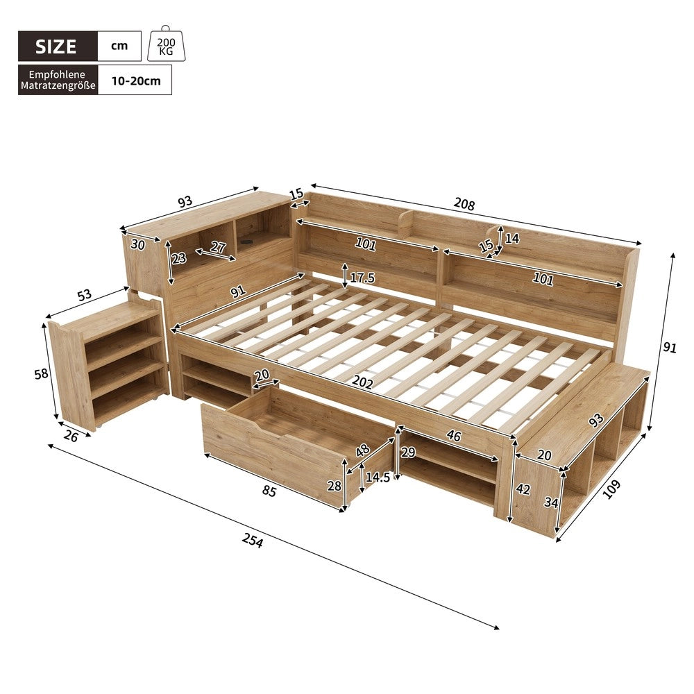 Letto Singolo Contenitore per Bambini con Cassetti e Ripiani ¨C MINIMAL ¨C 90x200, Naturale