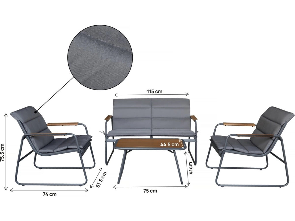 Set di mobili da giardino "Bastia" con cuscini in metallo - 4 posti - Grigio
