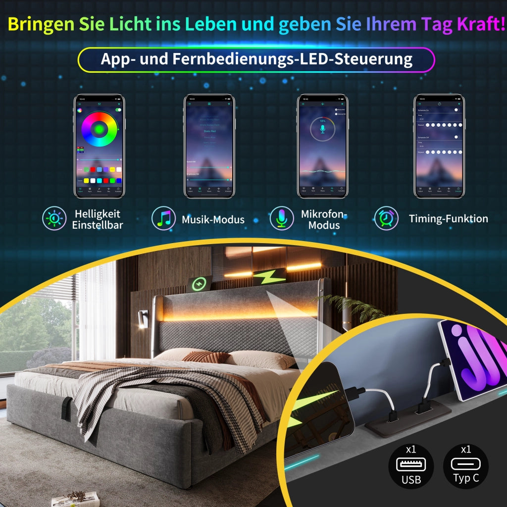 LETTO Contenitore 90x200 cm in Lino Grigio con LED e porte USB/Type-C