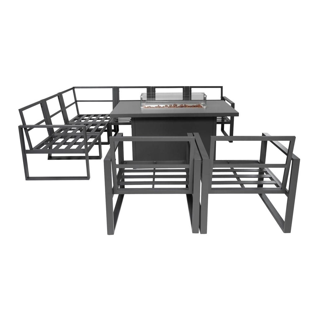 Set Giardino Alluminio 7 Posti Grigio Divano Sedie Tavolo Fire Pit