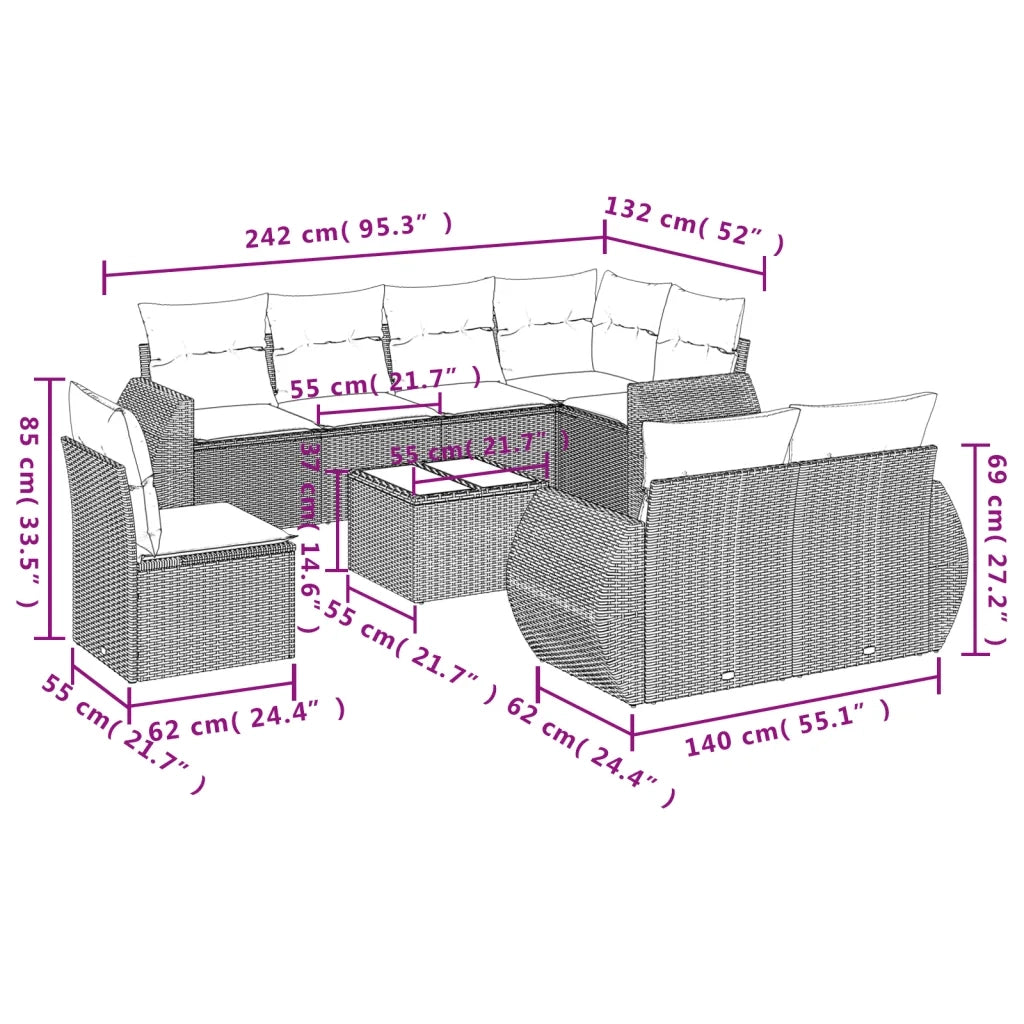 Set Divani da Giardino 9 pz con Cuscini Nero in Polyrattan 3221645