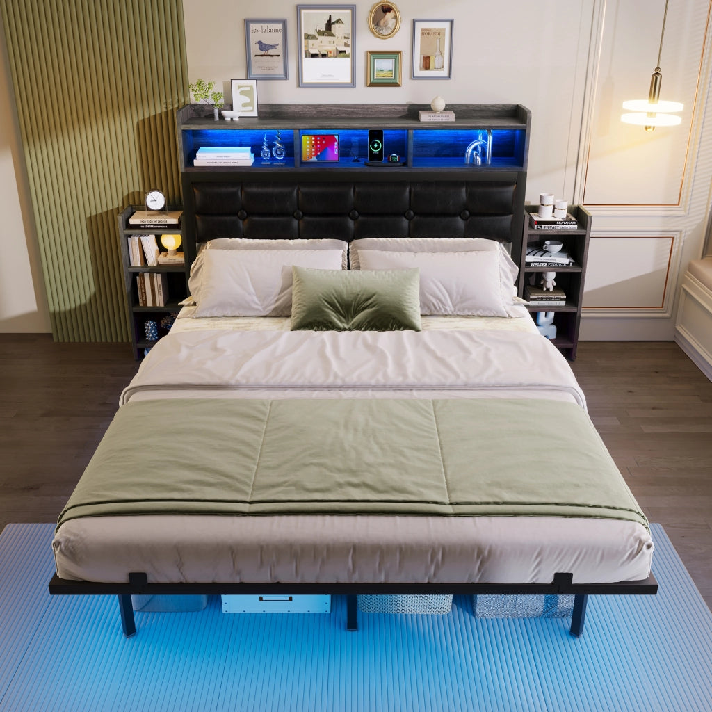 Letto matrimoniale 140x190 grigio con doghe 2 comodini estraibili USB/Type-C LED