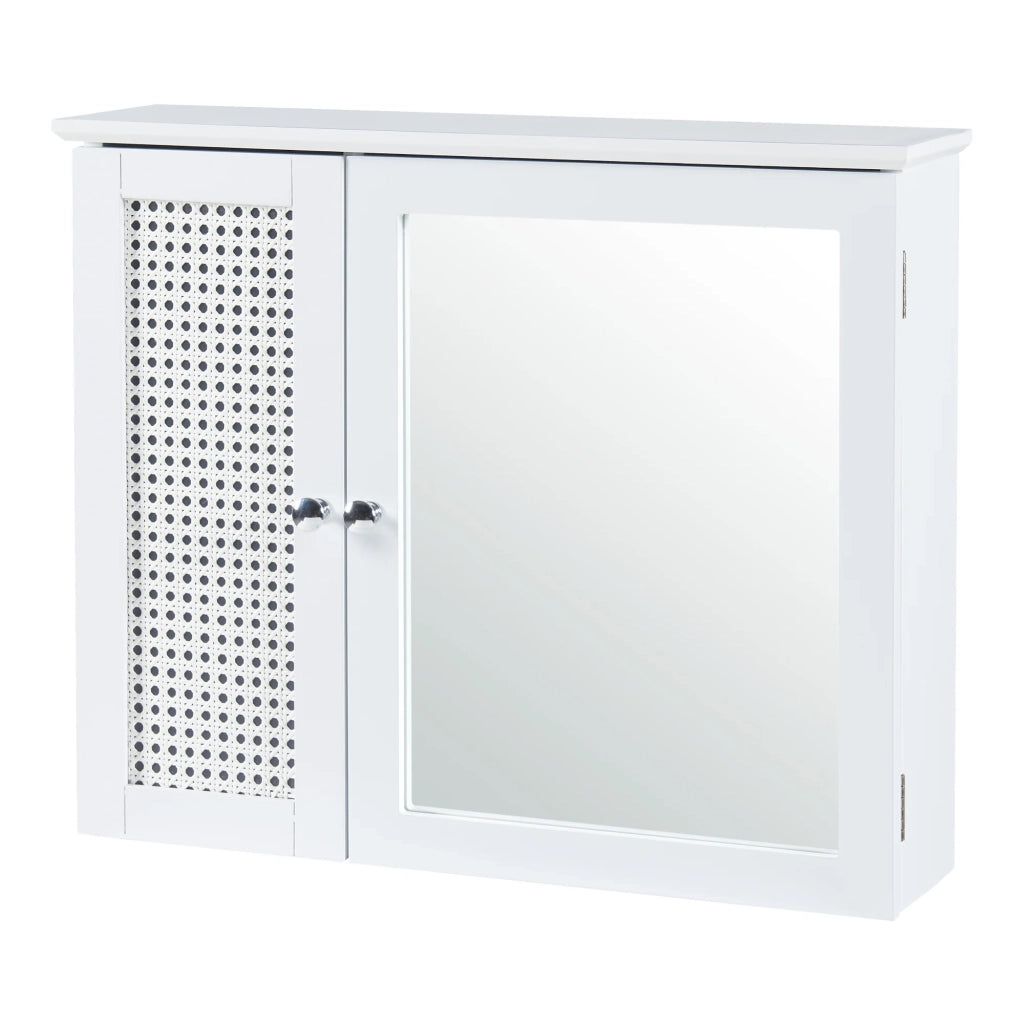 Mobiletto/scaffale da parete per bagno 50 x 60 x 15 cm con specchio MDF PVC effetto rattan bianco 03_0008893