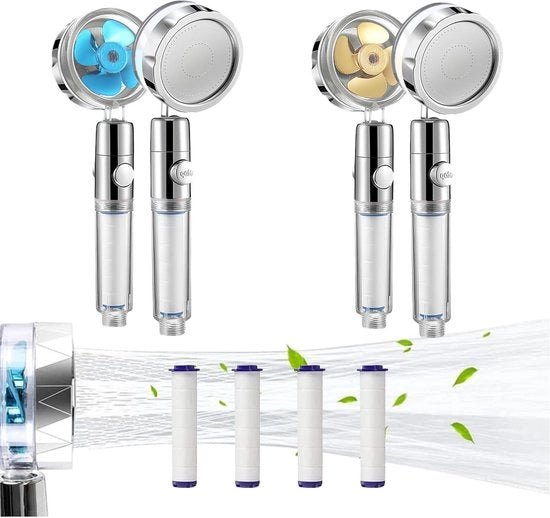Douchekop con propulsore a risparmio d'acqua - capocchia doccia a 360° girevole - capocchia doccia economica con funzione di arresto - anti-calcare - protegge la pelle e i capelli - set da 2 pezzi - oro e blu