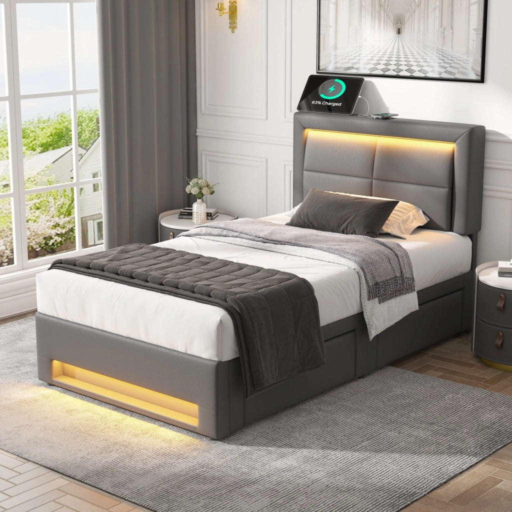 LETTO Imbottito 90x190 cm PU Grigio con USB, LED e 4 cassetti